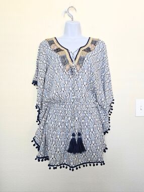 Skemo Bohemian Tassell Tunic Swin Cover Up Blue White Size Small